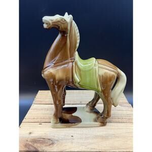 Vintage Ceramic Horse Figurine Chinese Tang Dynasty Style Green Tan